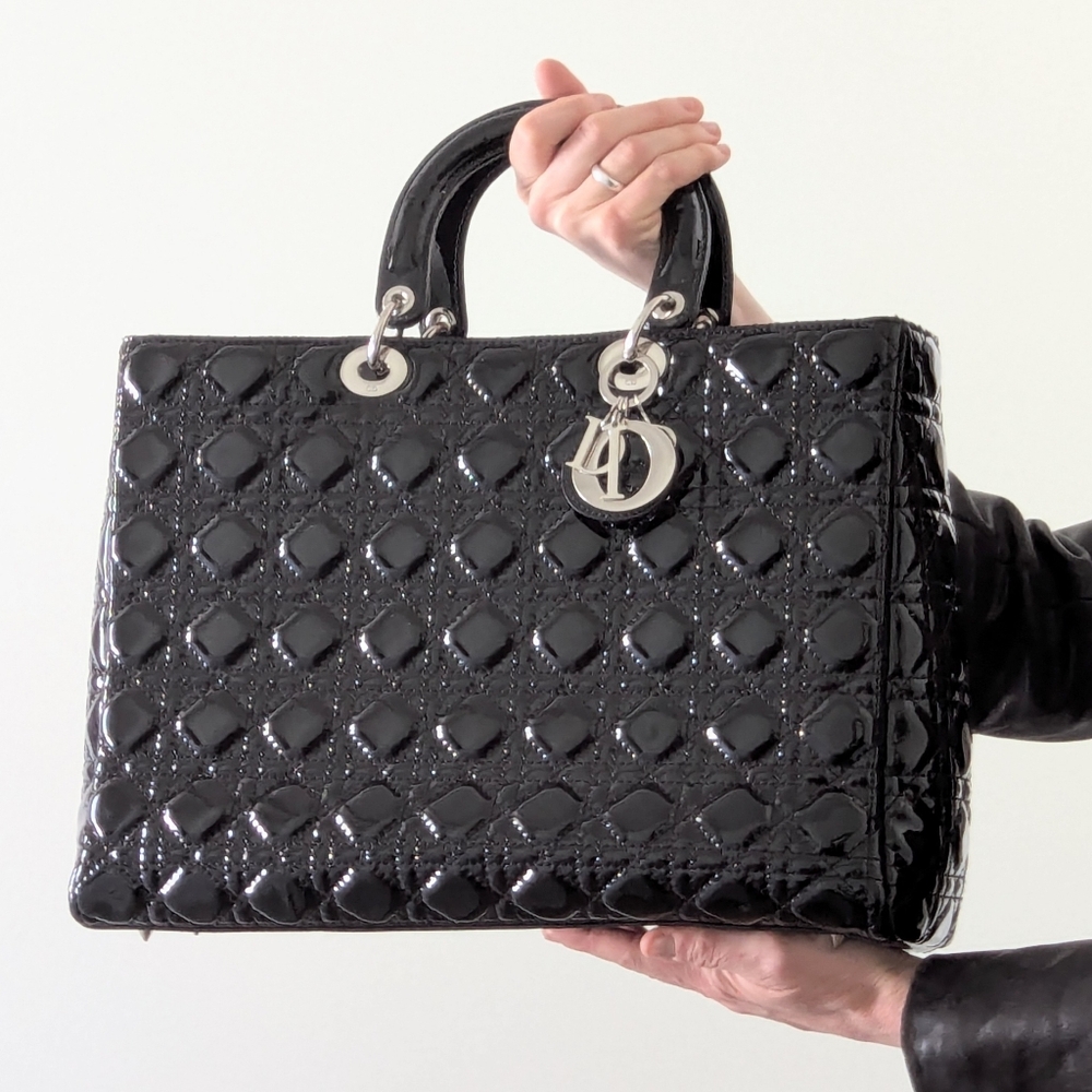 Faux Christian Dior Lady Dior Black Patent Leather Cannage Handbag Large